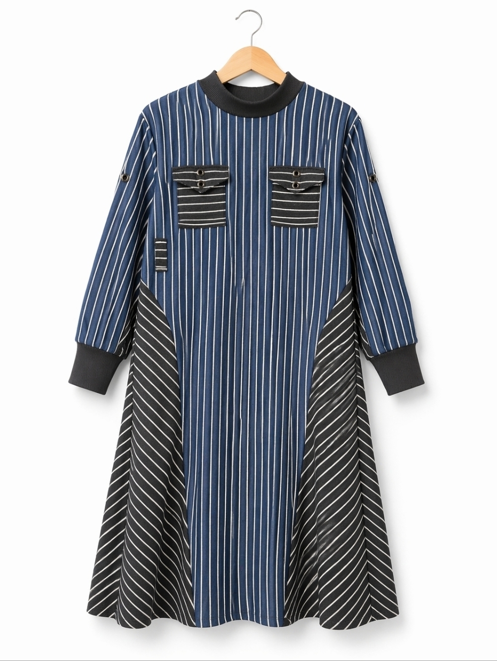 ALEX S. YU Lagenlook Striped Long Sleeve A-Line Dress in Navy and Black Size S